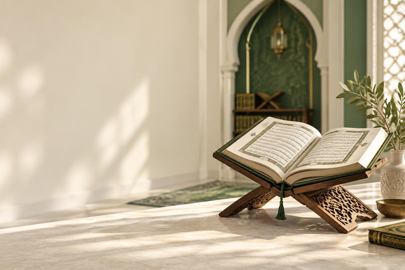 An open Quran on a carved wooden stand in a sunlit study space